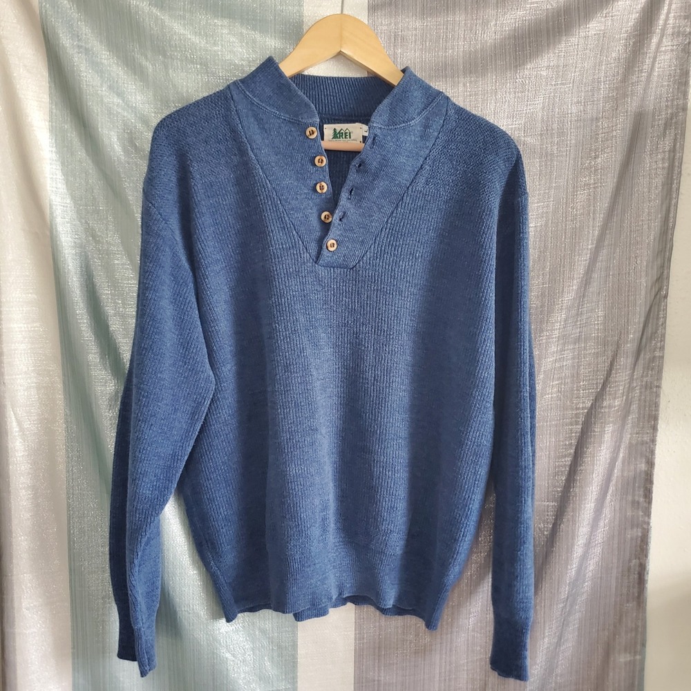 Vintage REI Fisherman Mens Blue Ribbed Knit Henley Sweater Mock Neck Made  USA L